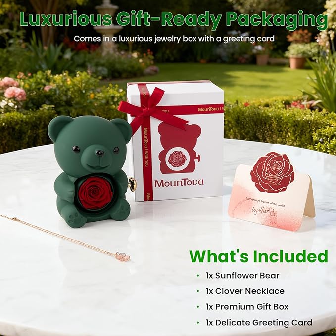 Cute Teddy Bear with Preserved Rose - A Real Rose Flower in Bear with Elegant Gift Box Romantic Gift for Mother's Day, Weddings, Anniversaries, Bridal (Green)