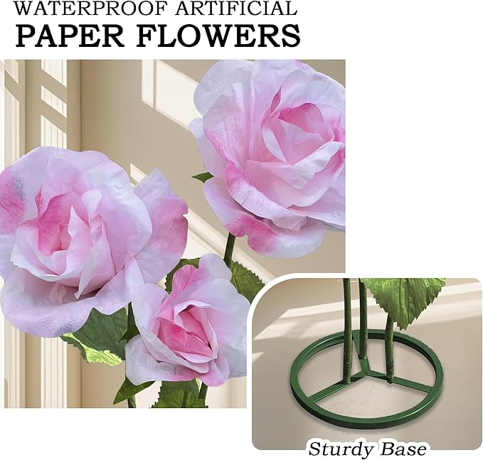 3pc Giant Flowers for Decoration - Indoor Outdoor Decor Huge Paper Flower, Realistic Faux Rose Flowers for Wedding, Birthday, Home Decor, Photography Props, Mall Display, Party Background Decor (Pink)