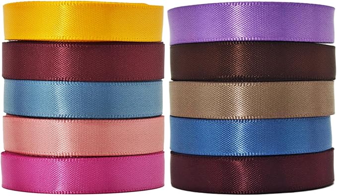 3/8 Ribbon, 10 Vintage Pack, 50 Yards Double Faced Satin Ribbon Set, 5 Yards Each Color for Gift Wrapping, Flower Bouquet, DIY Crafts, Bow, Wedding, Invitations, Easter, Christmas Party Decorations