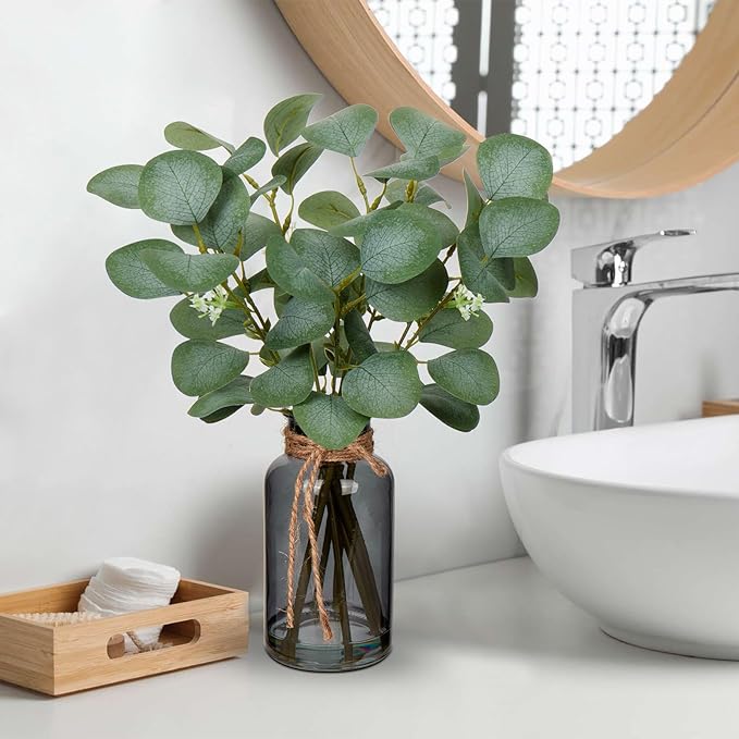 Briful Artificial Eucalyptus Stems in Black Glass Vase with Faux Water, 14" Fake Plant Eucalyptus Leaves for Home Office Farmhouse Wedding Centerpiece Décor