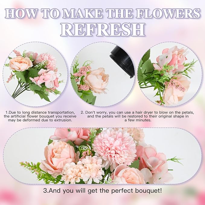 Nubry 3pcs Artificial Flowers Bouquet Fake Peony Silk Hydrangea Wildflowers Arrangements with Stems for Wedding Home Centerpieces Decor (Light Pink)