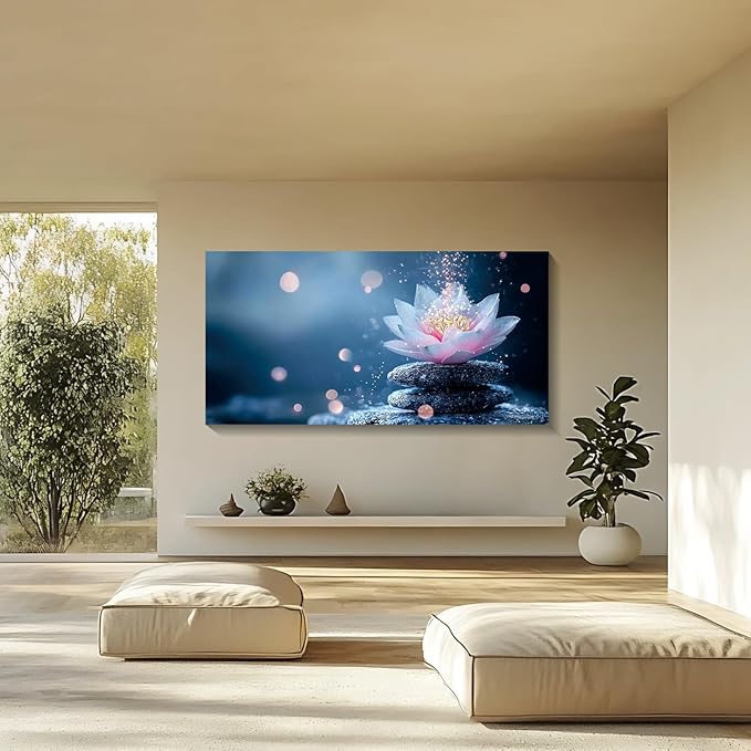 Iallbin Zen Stone Wall Art & Zen Wall Decor, Single Luminous Lotus Flowe Spiritually Uplifting Quality -for Yoga Meditation Room, Spa & Bathroom, Lavender-Pink Art Deco Style, Ready to Hang, 58x29 Inches