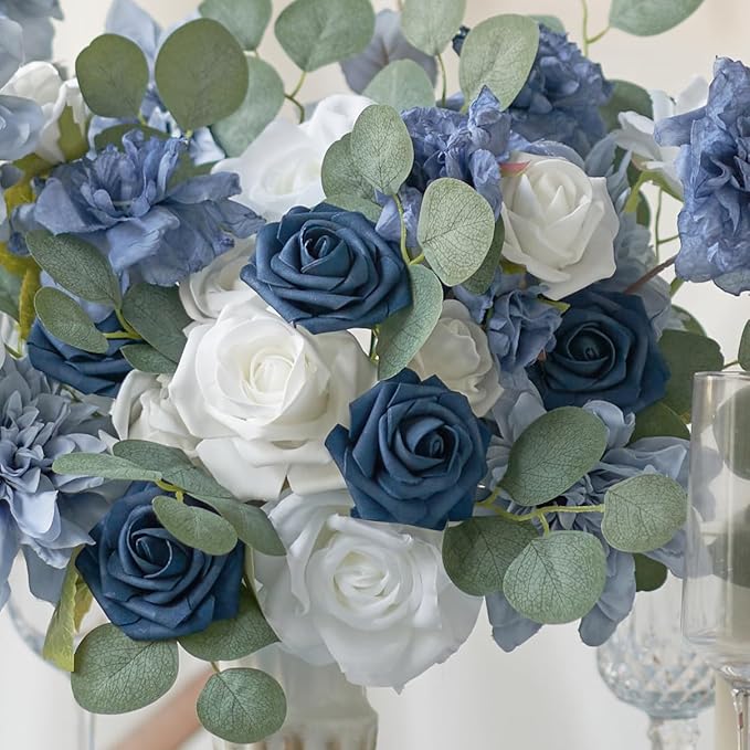 Artificial Flowers, Artificial Rose 25pcs for DIY Wedding Bouquets Centerpieces Arrangements, Navy Blue Foam Roses with Stems for Bridal Shower Party Home Decorations