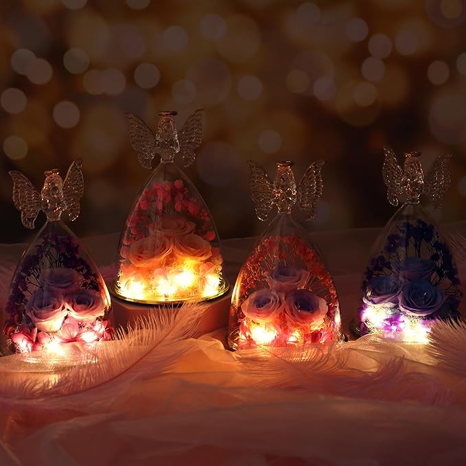 Christmas Rose Gifts for Women Preserved Real Flower in Glass Angel Figurines Roses for Delivery Prime Birthday Gifts for Mom Grandma Girlfriend Wife Her, Pinkpurpurple