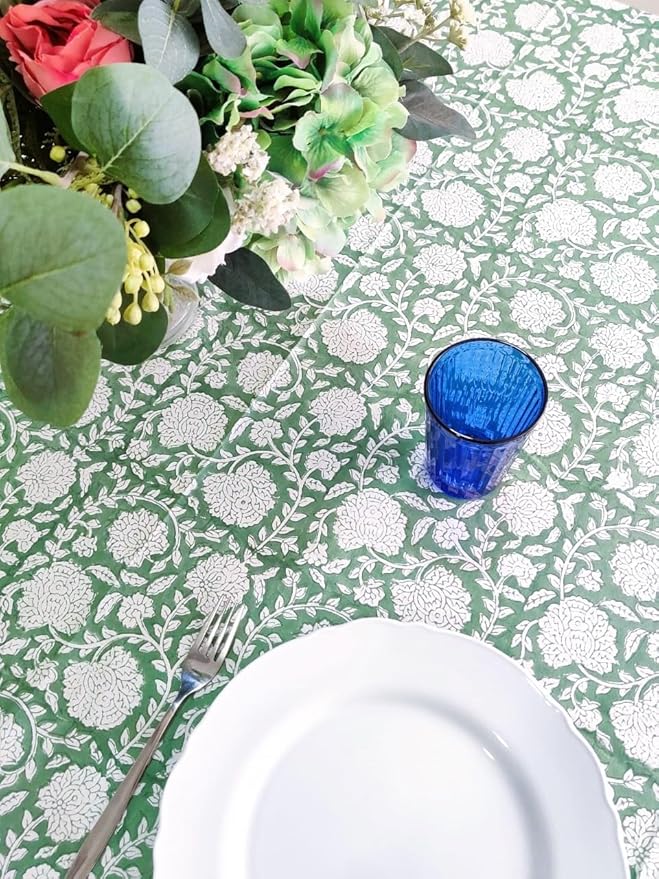 ATOSII Shalimar Green 100% Cotton Rectangle Spring Tablecloth, Handblock Floral Print Linen Table Cloth for Kitchen Dining I Parties, Outdoors, Weddings, Easter Holidays I 72 X 108 Inches I 8 Seater