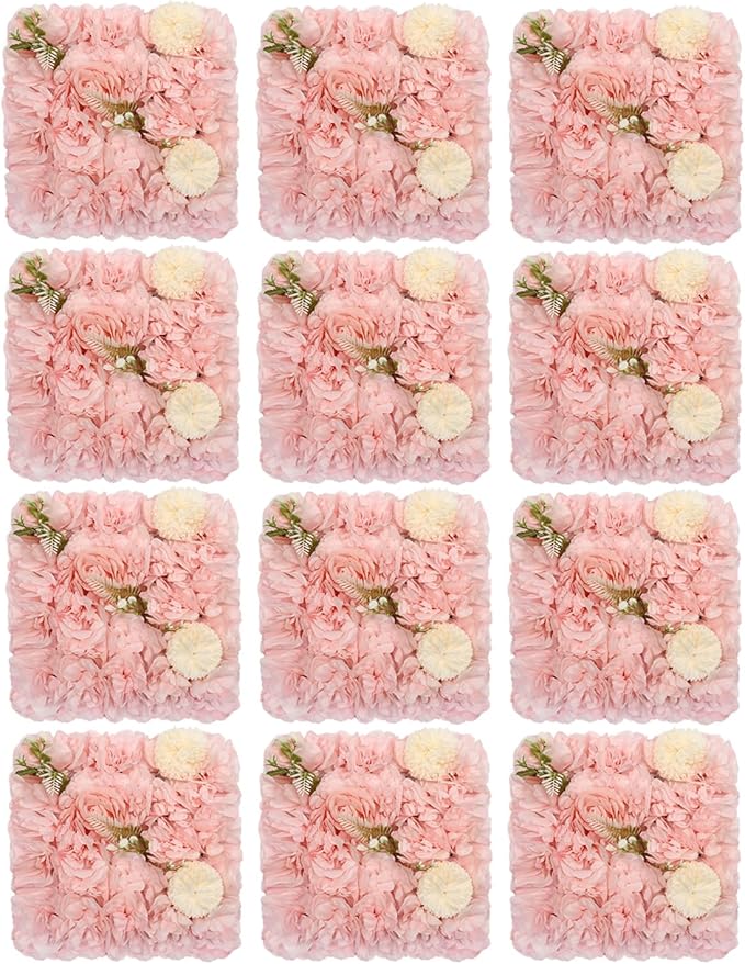 12Pcs Artificial Flower Wall Panel,3D 15" X 15" Silk Rose Mat Artificial Flower Wall,Decorative Backdrop Flower Panels Wall for Wedding Party Stage Baby Shower Decor (Pink,Champagne)