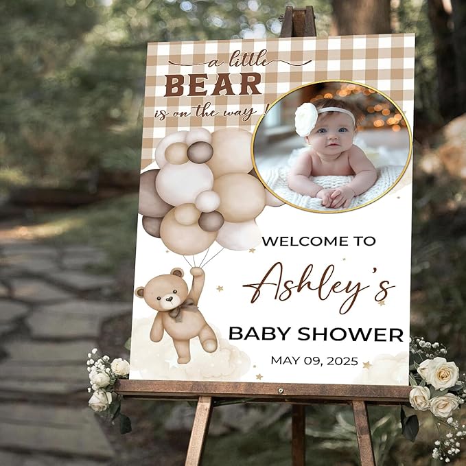 Personalized Baby Shower Welcome Sign For Outdoor, Custom Bear And Balloon Baby Shower Yard Sign With Photo, A Little Bear Is On The Way Sign, Moon Star Decorations Theme