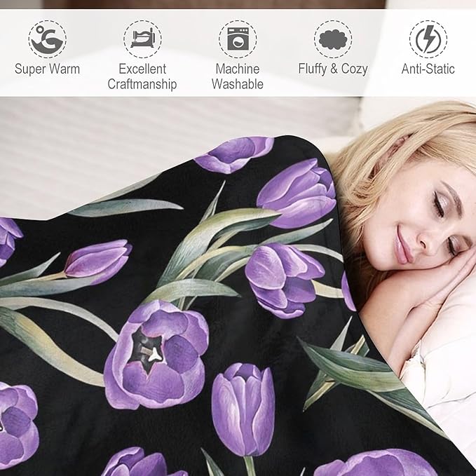 Purple Tulip Blanket Flower Gifts for Girls Women Tulip Floral Throw Blanket for Kids Adults Soft Warm Cozy Fleece Blanket for Couch Sofa Bed 40"x50"