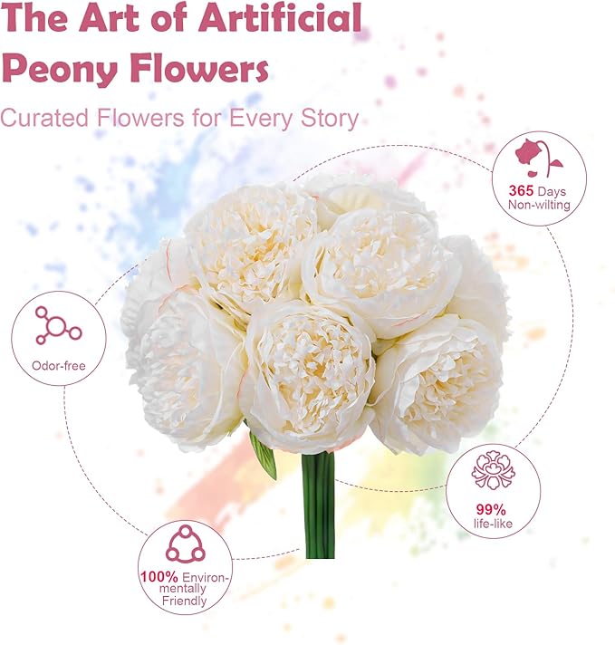 10PCS Off White Realistic Artificial Flowers Peony Fake Silk for Home Office Wedding Table Centerpieces Party Festival Bar Decoration Indoor