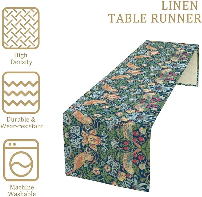 William Morris Floral Table Runner, Vintage Flowers Green Botanical Printed Table Runner for Home Kitchen Dining Table Decoration,13x70 Inch