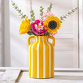 Yellow and White Ceramic Vase with Handles, Stripes Floral Vase for Home Decor, Flowers Kitchen Bookshelf Mantle, Living Room Coastal Decor, Rustic Table Centerpiece, Cottage Core Decor 9.1 in