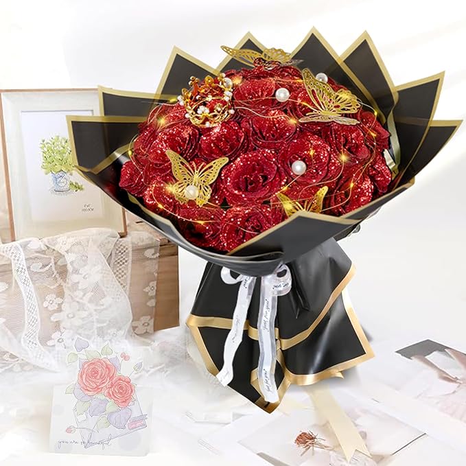 Red Glitter Roses Bouquet, 36 Pcs Shiny Glitter Flowers Bouquet, Everlasting DIY Artificial Roses Bouquet for Christmas, Birthday, Anniversary, Wedding, Engagement