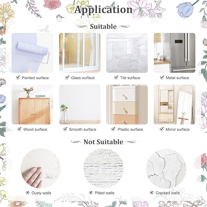 Pink Flower Wall Stickers, Spring Garden Floral Wall Decals 10 Sheets DIY Peel and Stick Wall Decal Self Adhesive Wall Art Decor for Bedroom Sofa Backdrop Cabinets Drawers