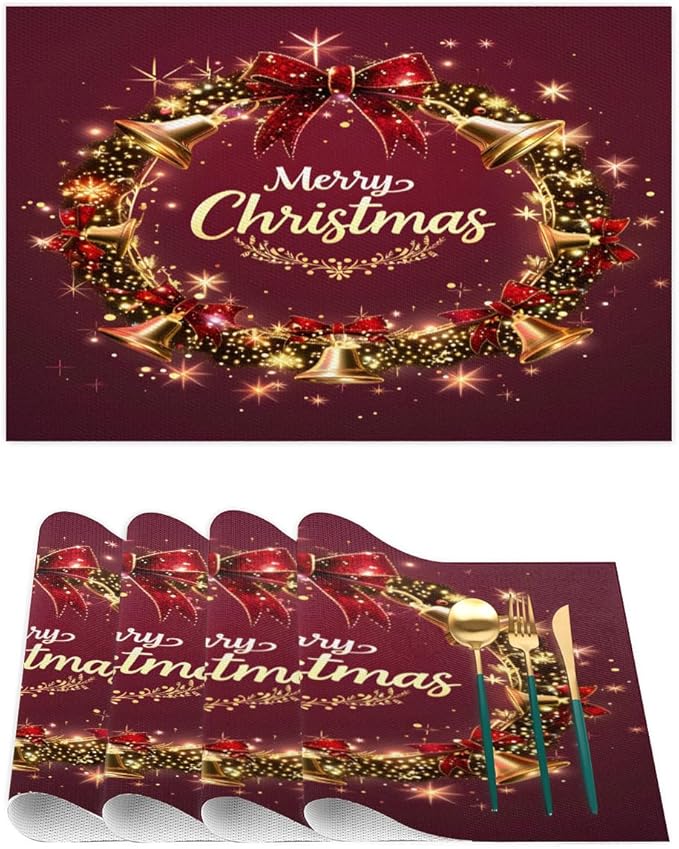Xmas Christmas Bells Red Placemats Set of 1 PVC Vinyl Non Slip Table Mats Heat Resistant Place Mats Washable Wipeable Dining Table Mat for Kitchen Decor Party Indoor Outdoor Decorative Gift