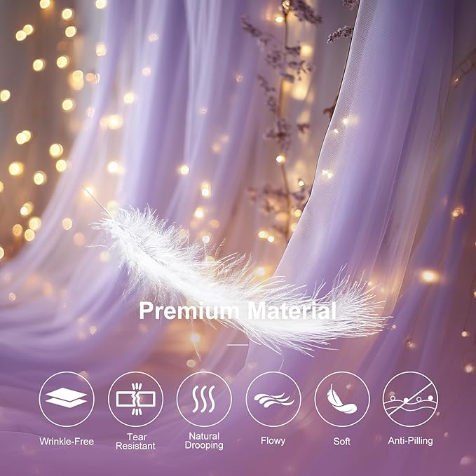 Tulle Curtain Backdrop with 300 LED Fairy Lights for Parites Wrinkle-Free Sheer Curtain Drapes Photo Back Drop for Wedding Baby Shower Bridal Shower Birthday Home Décor - 10ft×10ft, Lavender