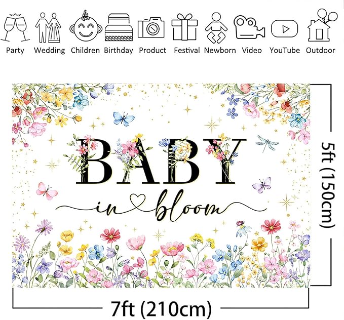 Mocsicka Baby in Bloom Backdrop Banner Wildflower Backdrop Decorations for Baby Shower 7x5ft Girls Floral Golden Dot A Little Wildflower is On The Way Baby Shower Decorations Banner