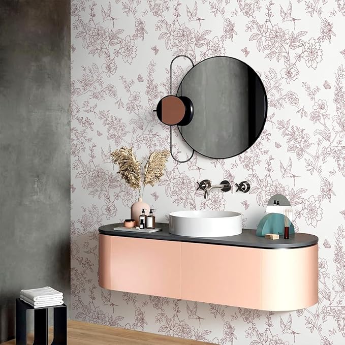 Red and White Floral Peel and Stick Wallpaper 16.9"x196.8" Vintage Floral Contact Paper Peel and Stick Bird Flower Wallpaper Self Adhesive Removable Wall Paper for Cabinets Bathroom Decorative