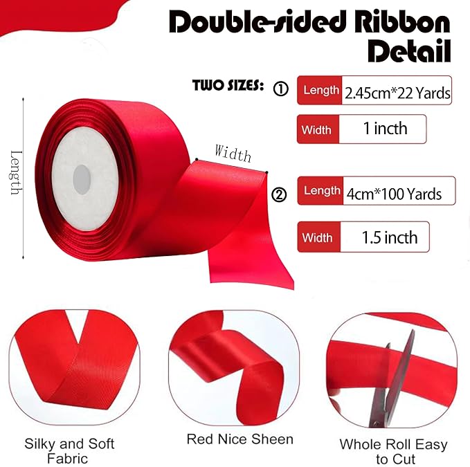 1 Inch Red Satin Ribbon, 22 Yards Double Faced Fabric Ribbons for Gift Wrapping, Bouquet, Garland, Bowknot, Hair, Crafts, Balloons, Party Decoration