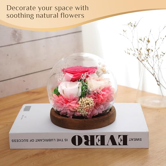 Preserved Flowers,Rose in Glass Dome with LED Light, Gifts for Her, Women, Mom,Grandma,Girlfriend, Wife- Style4