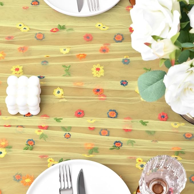 Joanlody 3pcs Yellow Embroidery Daisy Christmas Table Runner Florals Seasonal Tulle Table Runner Holiday Kitchen Dining Table Decoration Wedding Party