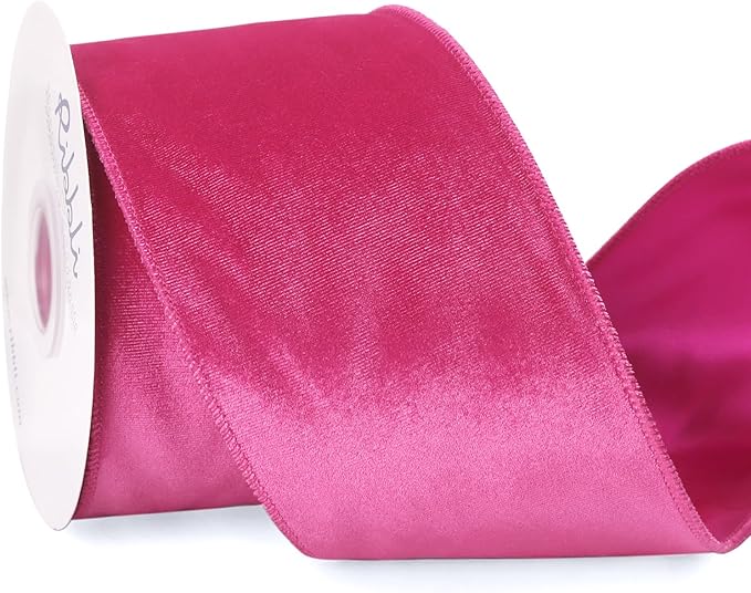 Ribbli Hot Pink Velvet Wired Ribbon 4 Inch Velvet with Satin Christmas Ribbon for Gift Wrapping Christmas Tree Decoration Crafts Wreaths Supplies-Continuous 10 Yards