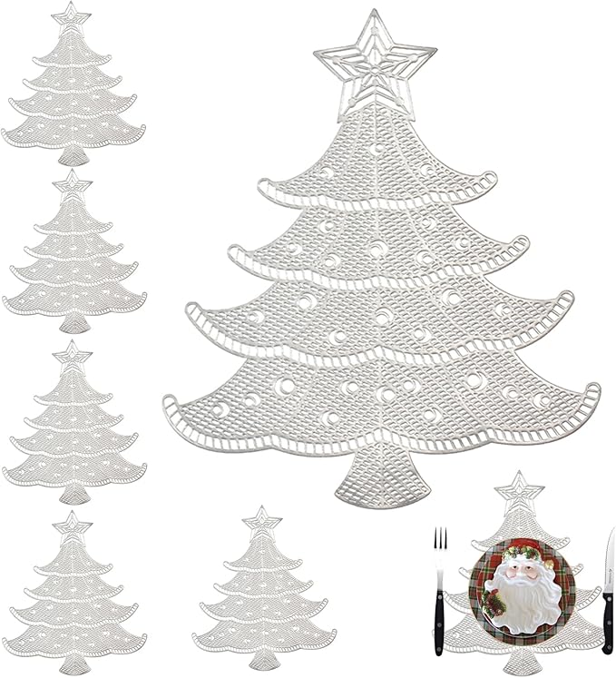 Lot of 6 Christmas Placemats, Placemats Decorations Table Mats Hollow Out Vinyl Place Mats for Dining Table Setting Kitchen Table Mats Christmas Decoration (Silver Christmas Tree)