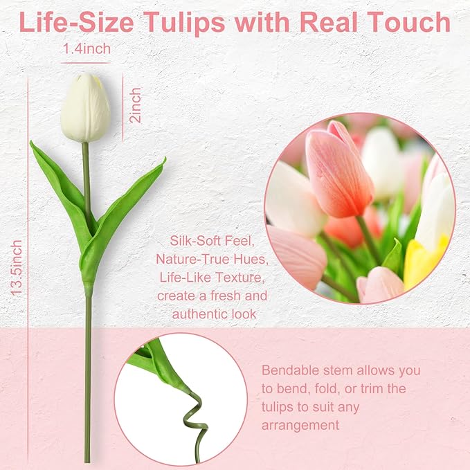 Real Touch Artificial Tulips, 20pcs Fake Tulip Flowers Stem, PU Faux Tulips 13.5” for Mother's Day, Home Decor, Wedding, Easter Valentine's Gift, Table Centerpieces, Pink Series and White