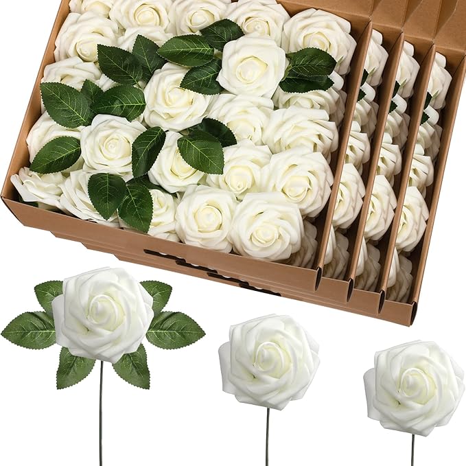 100 Pieces Artificial Foam Rose Flowers Faux Bouquet with Leaves and Stems for DIY Wedding Bouquets Centerpieces Bridal Shower Party Valentine Home Decorations(Ivory)