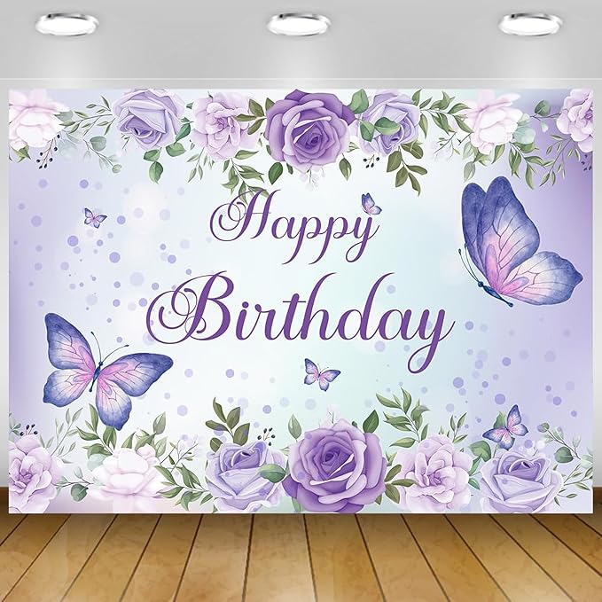 7x5Ft Butterfly Happy Birthday Backdrop Purple Butterfly Backdrop Rose Flowers Decorations Girls Birthday Party Backdground Decoration Cake Table Banner Happy Birthday Photography Background