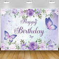 7x5Ft Butterfly Happy Birthday Backdrop Purple Butterfly Backdrop Rose Flowers Decorations Girls Birthday Party Backdground Decoration Cake Table Banner Happy Birthday Photography Background