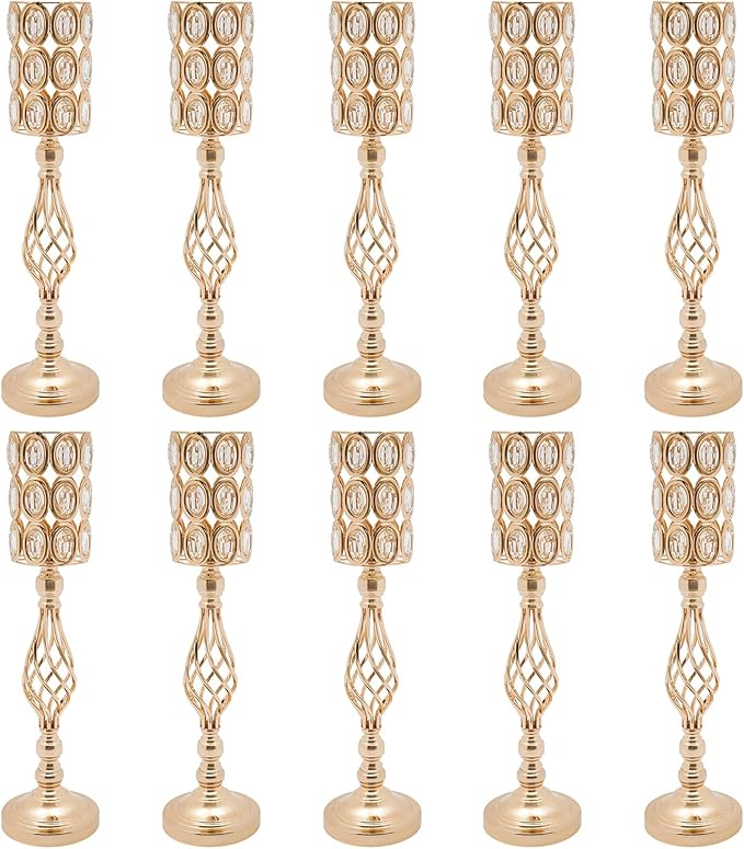 Wedding Centerpieces for Tables, 10 Pcs Vases for Centerpieces with Crystal Beads, 24in Tall Wedding Vase for Tables, Metal Flower Vase Stand with Crystal Beads for Wedding (Gold)