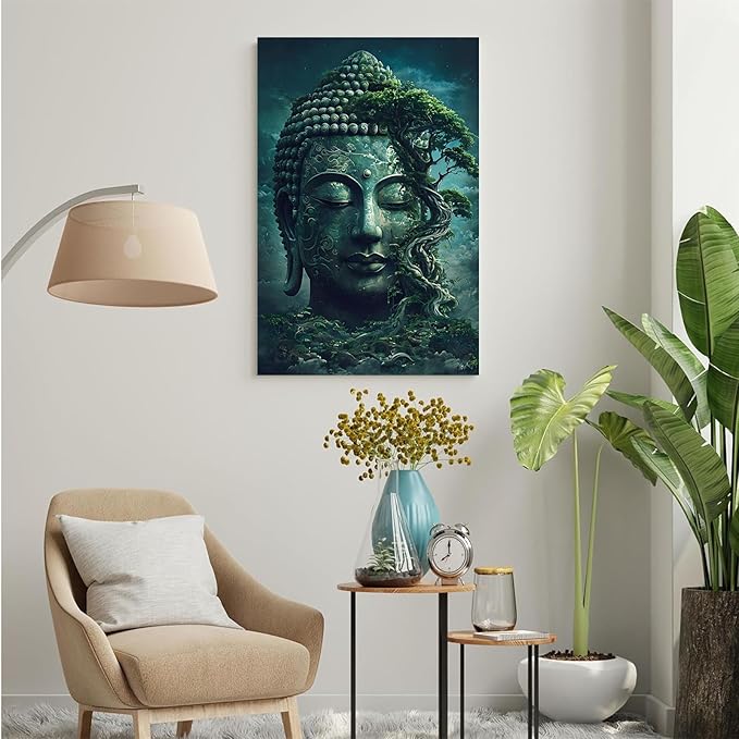 Buddha statue wall art canvas wall decor aesthetic picture mystical nature art for tranquil home and spiritual space 8x12in Wood Framed