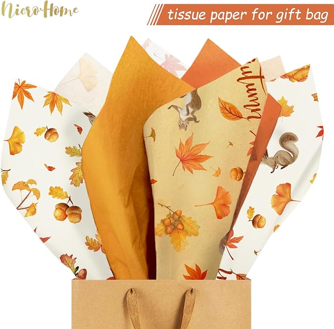 NICROHOME EUR Fall Wrapping Tissue Paper, 24 Sheet Orange Autumn Maple Leaves Gift Wrap Tissue Paper for Fall Baby Shower Wedding Party Decor, Thanksgiving Day Gift Packaging Supplies 15 x 20 Inch