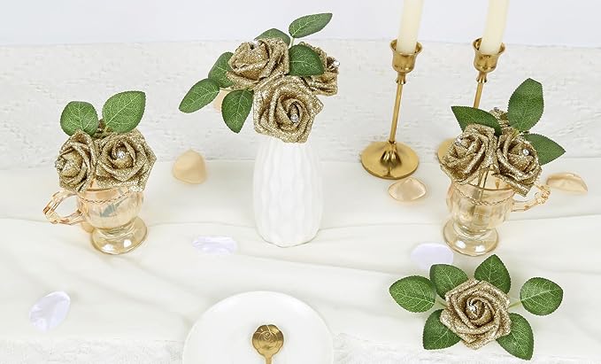 IPOPU Gold Roses,25PCS Glitter Roses Bouquet Gold Artificial Roses with Crystal for Christmas Wedding Bouquet Home Party Decoration(Gold)