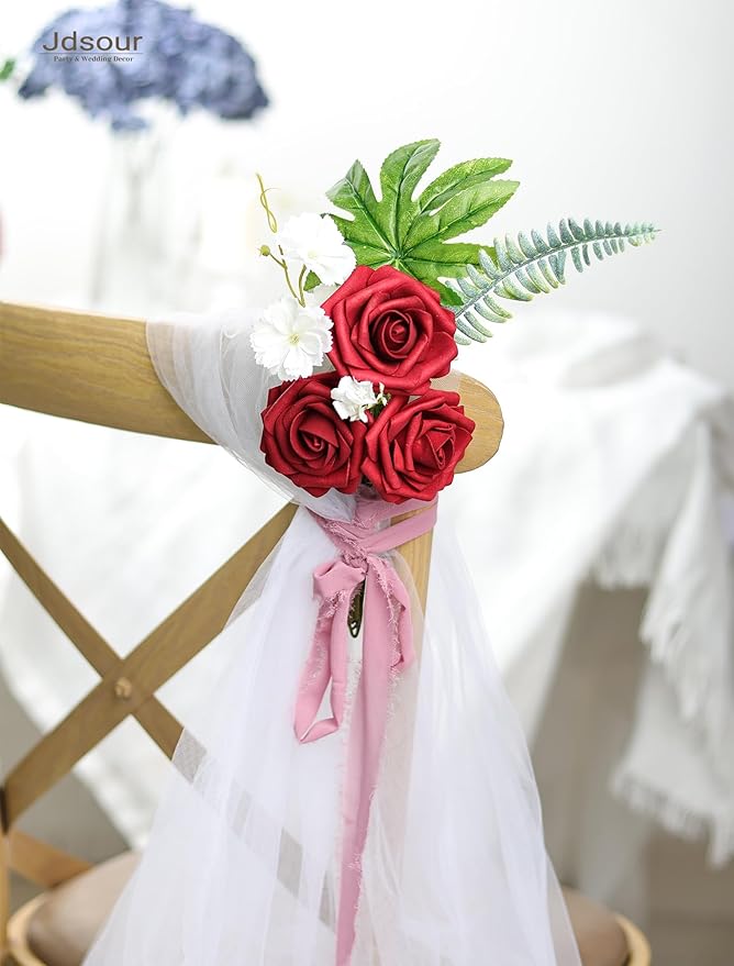 50pcs Artificial Flower，Real Touch Foam Roses w/Stem DIY for Wedding Bouquet Centerpieces Party Shower Home Decor-Dark red