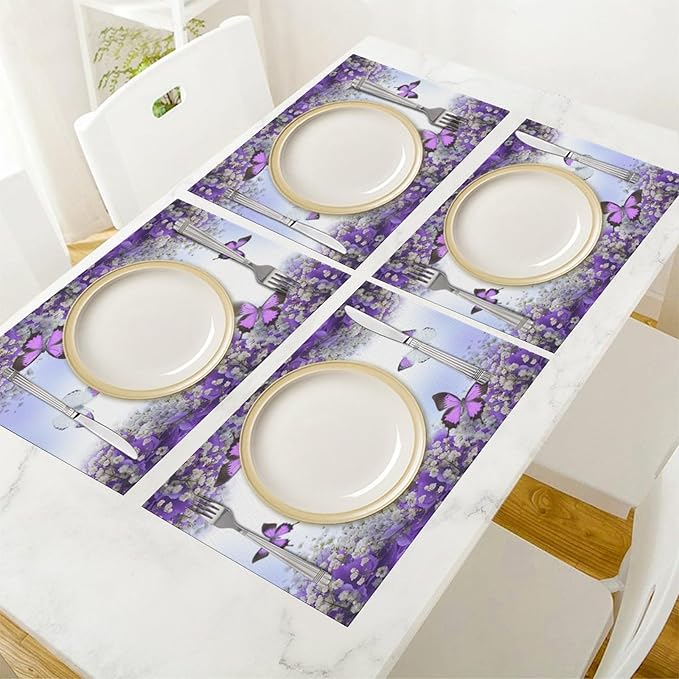 Purple Butterfly Flowers Placemats Set of 6,Spring Summer Flower Place Mats Washable for Kitchen Dining Table Heat Resistant Decorative Colth Table Mats 6 PCS, Style-1