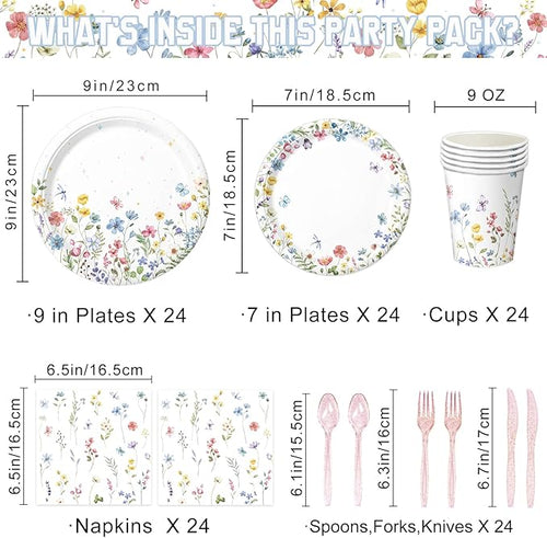 168PCS Wildflower Party Decorations Spring Floral Baby Shower Birthday Decorations Include Plates, Cups, Napkins, Cutlery for Wildflower Baby Shower Tea Decorations, Serve 24