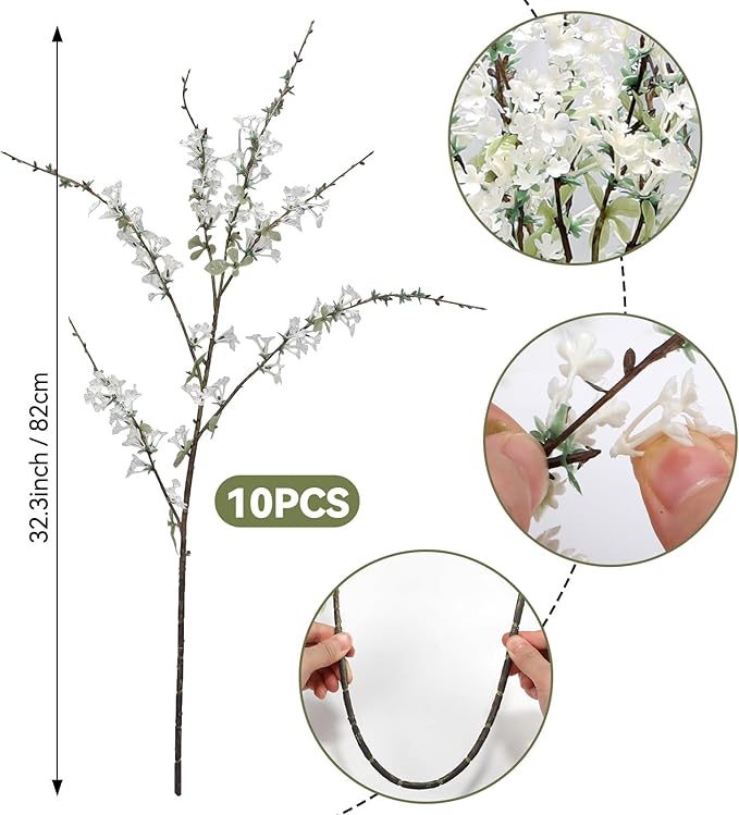 10PCS White Snow Willow Branches – 32'' Real Touch Artificial Flowers, Tall Branches for Vase, Everyday Faux Floral Arrangements for Living Room, Entryway, Office, Farmhouse Minimalist Home Décor