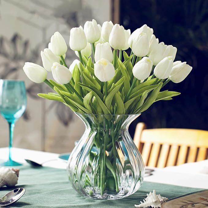 28pcs White Flowers Artificial Tulip Stems Real Feel PU Tulips for Easter Spring Wreath Wedding Bouquet Centerpiece Floral Arrangement Cemetery Table Décor 13" Tall