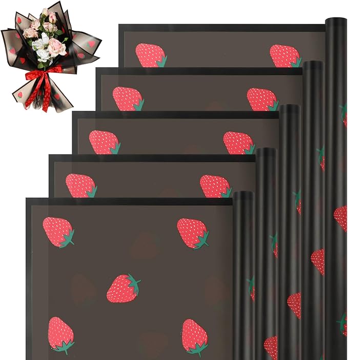 Liobelon 20 Sheets Flower Wrapping Paper Waterproof Bouquet Paper with Strawberry Pattern Black Gift Wrapping Paper for Flower Shop, Wedding, Birthday Party, Handmade DIY, Anniversary 22.8 x 22.8Inch