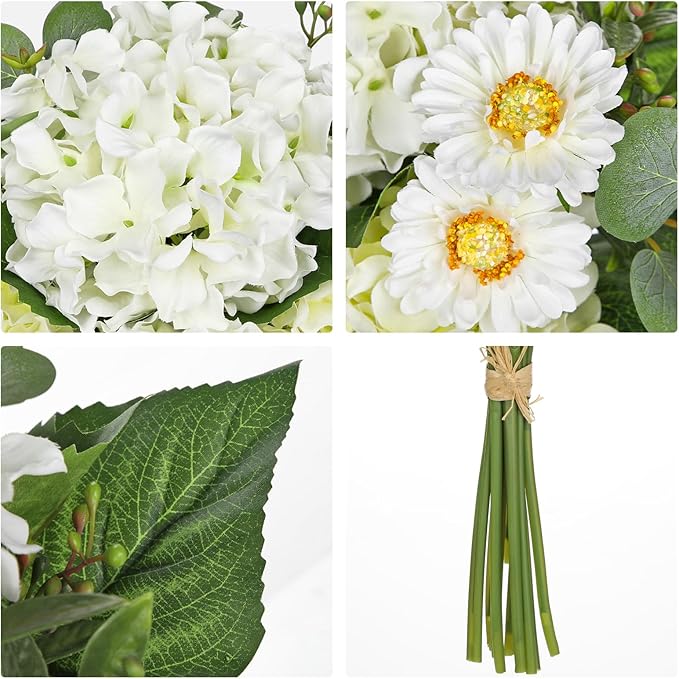 Hydrangea Artificial Flowers 12PCS White Faux Flowers Fake Hydrangea Daisies Silk Arrangements Realistic Fake Flowers for Vase Floral Centerpiece Arrangements Wedding Bridal Bouquet Party Home Decor