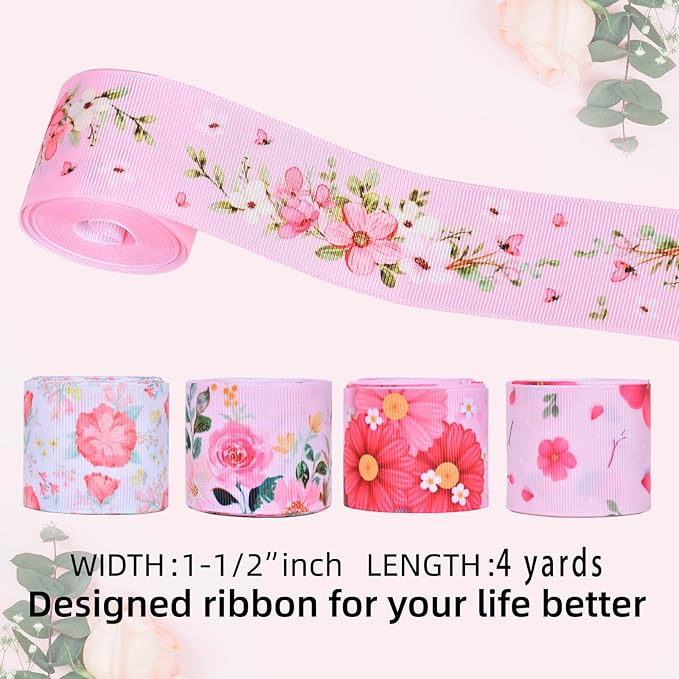 Floral Grosgrain Ribbon, 5 Rolls Flower Pattern Ribbon Spring Summer Fabric Decorative Craft Ribbon Roll for Gift Wrapping Decor Hair Bow Sewing Wreath Crafts (Pink Floral, 1-1/2Inch X 20Yards)