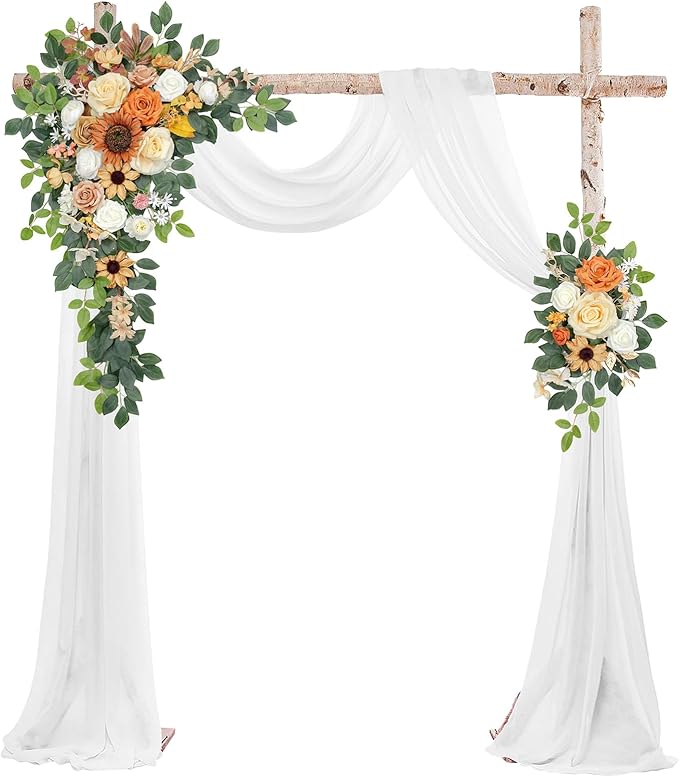 Wedding Arch Flowers Kit,Artificial Flower Arch Decor (Set of 3),2pcs Artificial Flower Arrangement with 1pc Sheer Drape for Wedding Decor Reception Backdrop Floral Decorations (Coffee Orange)