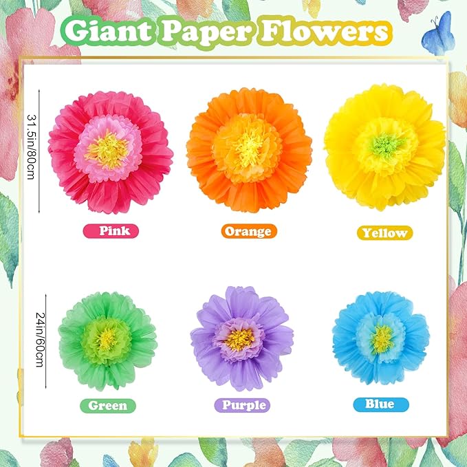 Giegxin 6 Pcs 31.5" 24" Colorful Giant Paper Flower Decoration for Wall Extra Large Christmas Tissue Paper Flower Xmas Church Floral Decoration for Mexican Fiesta Wedding Bridal Shower Decor