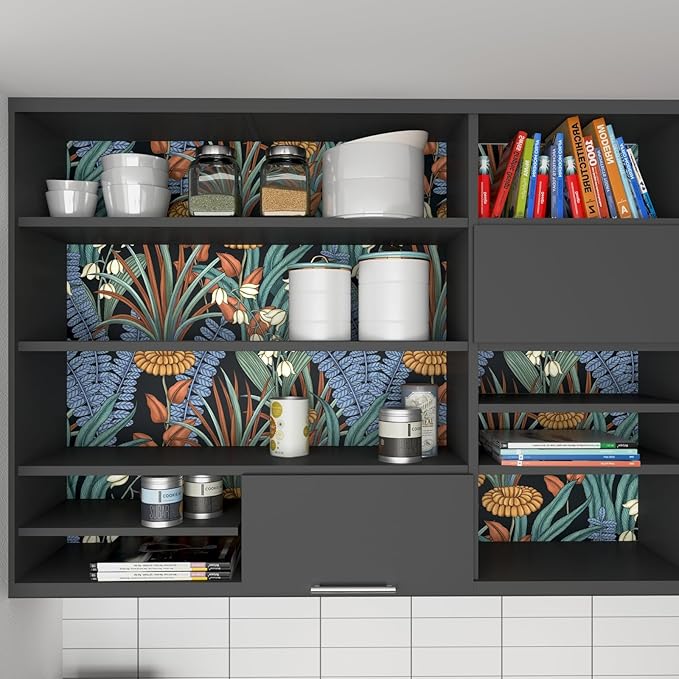 Boho Floral Wallpaper Peel and Stick, Vintage Botanical Wall Paper, Self Adhesive Wall Mural 17.5" x 78.7" Tropical Retro Contact Paper Waterproof for Bedroom Walls Cabinet (Black, Orange, Blue)