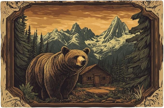 Cabin Bear Placemats Set of 6 Washable Table Mats Rustic Wildlife Hunting Forest Mountain Heat-Resistant Cotton Linen Place Mats for Dining Table Kitchen Indoor Outdoor Party Holiday Decor