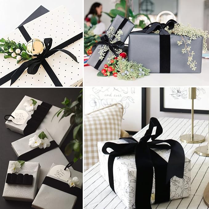 Black Velvet Ribbon - 3/8 Inch x 10 Yards for Gift Wrapping, Crafts, Christmas Decor, Bow Making, Vintage Fabric