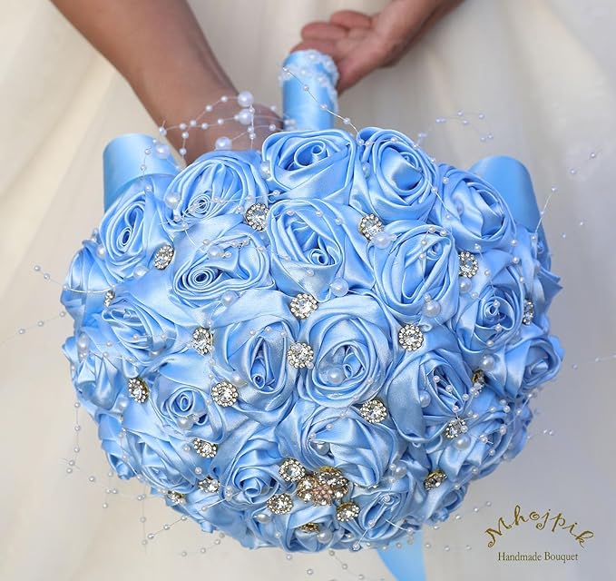 Bridal Wedding Bouquet Round Bling Brooch Bouquet Throw Toss Artificial Rose Flower Bunch for Bride Bridesmaid Wedding Quinceanera(Light Blue, 6.3")