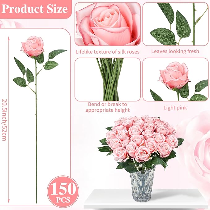 150 Pcs Roses Artificial Flowers, Silk Light Pink Artificial Flowers Petals Long Stem Roses for Wedding Bouquet Home Party Decor