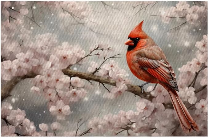 PVC Placemats Set of 4 Winter Red Cardinal Flower Wipeable Table Mats Washable Heat Resistant Non Slip Vinyl Dining Table Mat for Kithen Indoor Outdoor Patio Farmhouse Place Mats Decorative